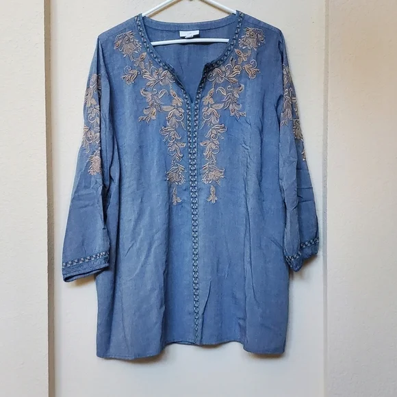 J.Jill Embroidered Elastic Sleeve Top. Size Large - Picture 1 of 8